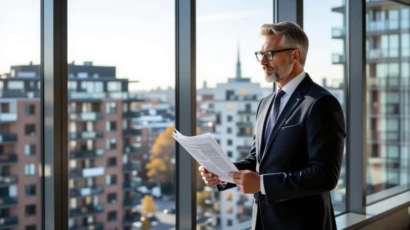 Svensk fastighetsdirektör granskar finansiella rapporter med stadssilhuett i bakgrunden