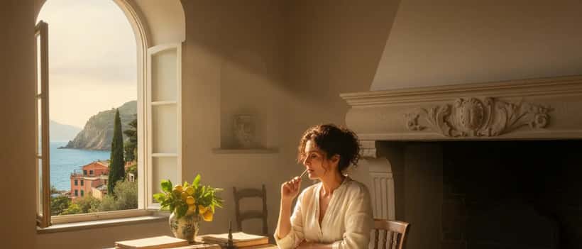 Una donna italiana esamina documenti di successione in uno studio legale con luce della costa ligure