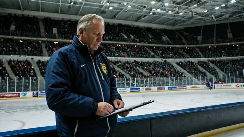 Ishockeytränare vid bänken i en arena med nedstämda spelare — symbol för prestationstryck och mental återhämtning efter ett förlust