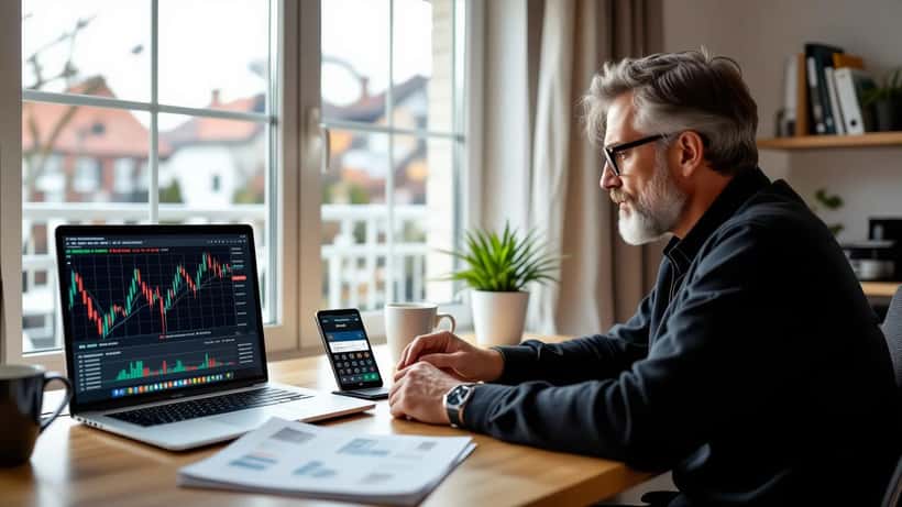 Deutscher Privatanleger prüft fallenden PayPal-Aktienkurs am Laptop im Homeoffice