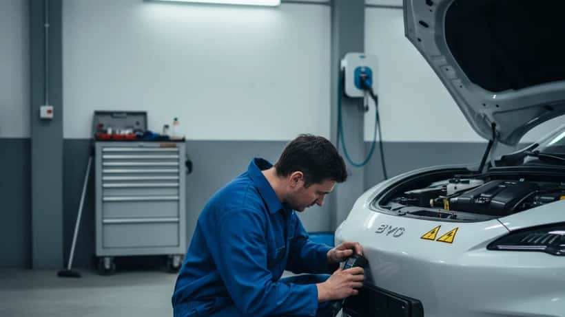 EV mechanic connecting OBD diagnostic scanner to a BYD SEAL electric car in a London workshop