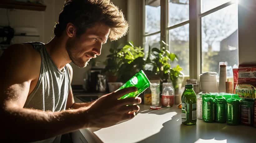 Mann prüft Inhaltsstoffe eines Energydrinks in der Küche