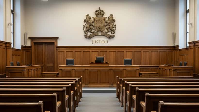 Lege Nederlandse rechtszaal met houten banken en justitieemblemen — rechten bij ernstige strafzaken