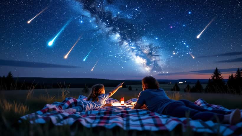 Famille observant les étoiles filantes des Bootides de juin 2026 depuis un champ au Canada