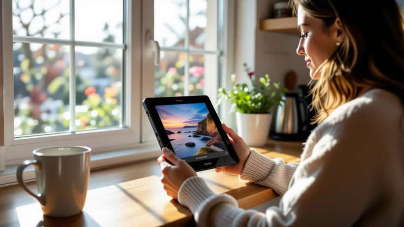 Woman reading Amazon Kindle Colorsoft colour e-ink display in UK kitchen