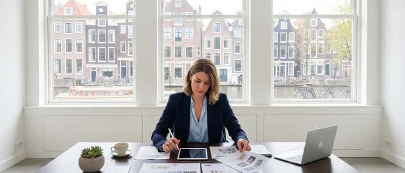 Nederlandse advocate intellectueel eigendom in Amsterdams kantoor met reclameanalyse