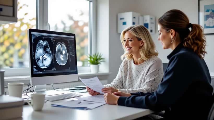 Woman reviewing NHS health screening results with GP in consultation room UK 2026