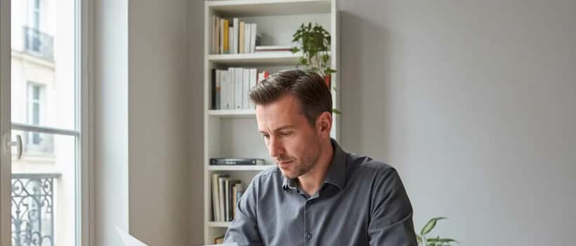 Homme français consultant des documents électoraux à son bureau