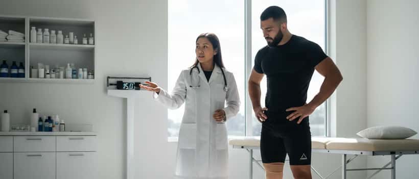 Médecin du sport consultant un combattant dans un cabinet médical, balance au fond