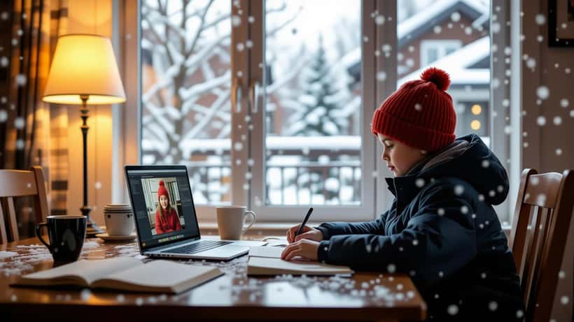 Un parent et un enfant font les devoirs avec un tuteur en ligne pendant une tempête de neige au Québec