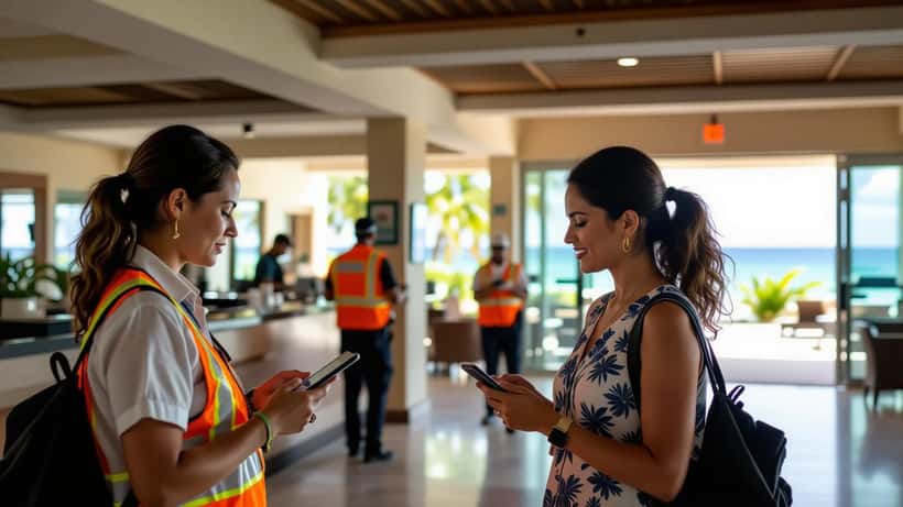 Canadian tourist reviewing travel insurance documents in Caribbean resort lobby after hotel fire
