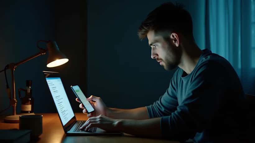 Man working on laptop late at night with phone notifications in dark home office