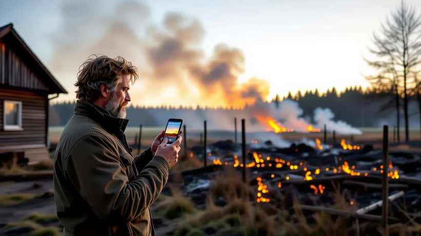 Man met smartphone met NL-Alert melding bij bosbrand in Gelderland