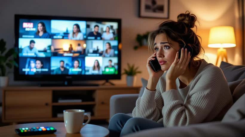 Tired British woman slumped on sofa holding TV remote with streaming menu on screen at nearly midnight