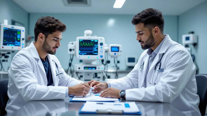 Médico esportivo avaliando atleta com oxímetro em clínica de medicina do esporte antes de partida de Copa Sul-Americana