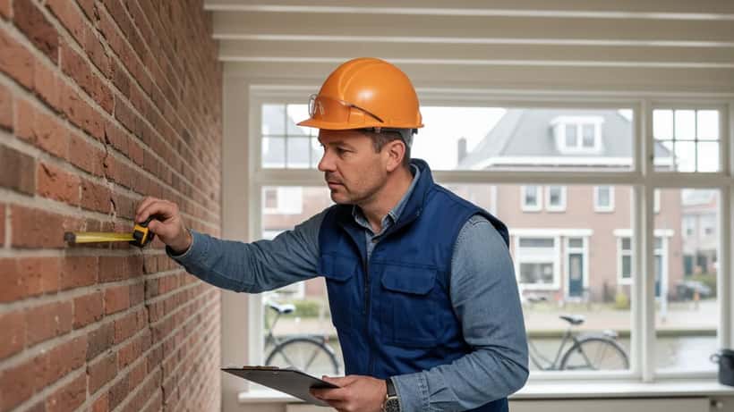 Nederlandse bouwkundig inspecteur onderzoekt scheur in bakstenen muur van woning in Rotterdam