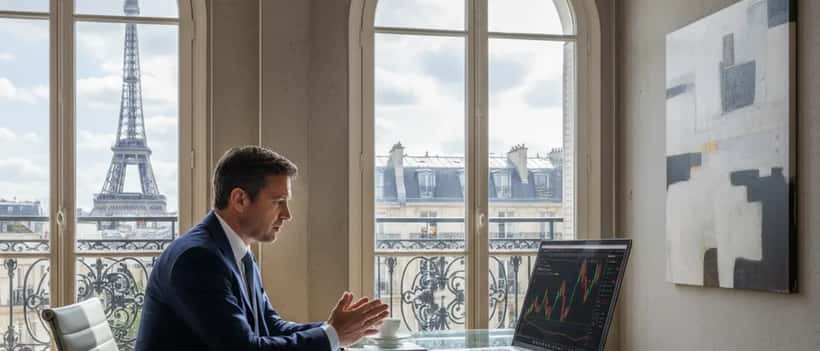 Conseiller en gestion de patrimoine analysant la chute du CAC 40 sur écran