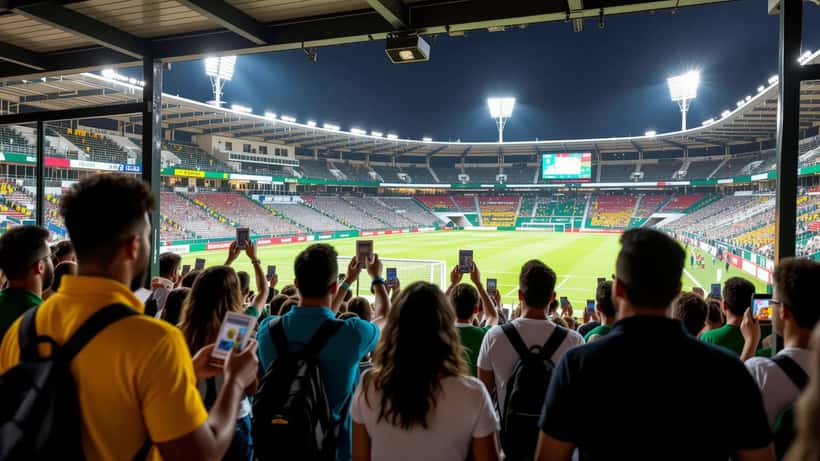 Torcedor de futebol com ingresso na mão na entrada de estádio brasileiro