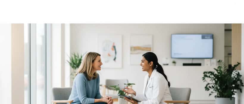 British woman in her forties in candid conversation with a female health specialist in a UK clinic