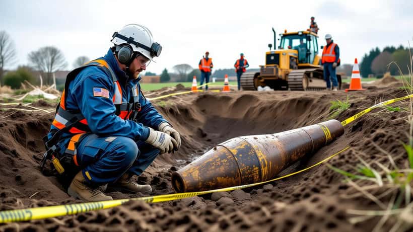 Démineur inspectant un obus de la Seconde Guerre mondiale sur un chantier de construction en Normandie en 2026