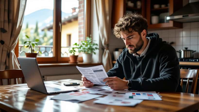 Tifoso atalantino esamina documenti di viaggio e biglietti per la trasferta europea