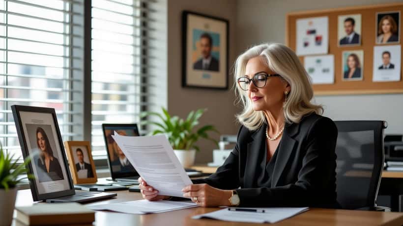 Avocate spécialisée en droit du divertissement révisant un contrat d'acteur dans un bureau de Toronto