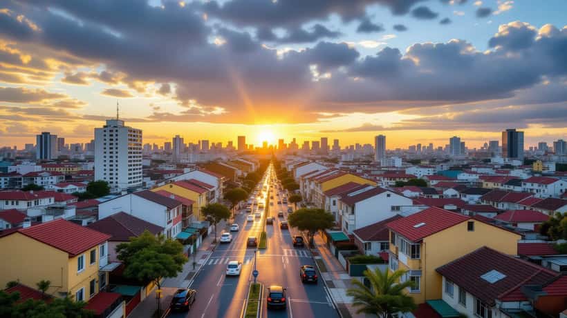Céu nublado com temporais sobre cidade brasileira residencial em 2026