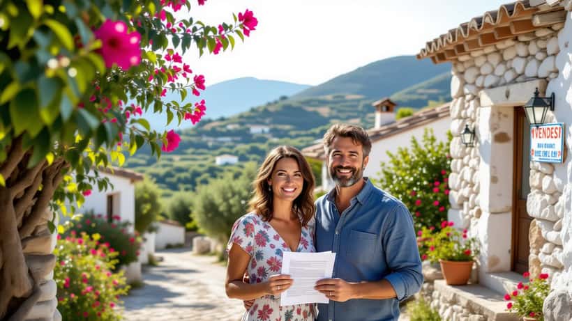 Un couple français examine une maison en pierre à vendre dans un village de Calabre avec vue sur la mer Tyrrhénienne
