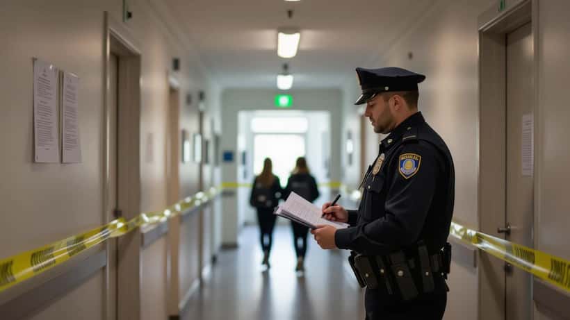 Enquêteur dans un couloir d'école privée française avec ruban de signalisation, éclairage fluorescent