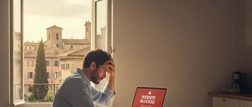 Uomo italiano preoccupato davanti al laptop che mostra un sito bloccato, ambiente domestico romano