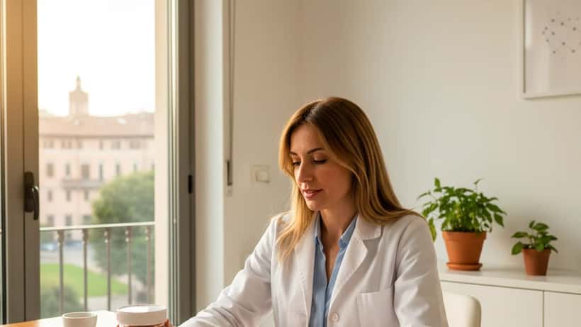 Nutrizionista italiana in studio mostra un piano alimentare bilanciato con riferimento alla missione Artemis II