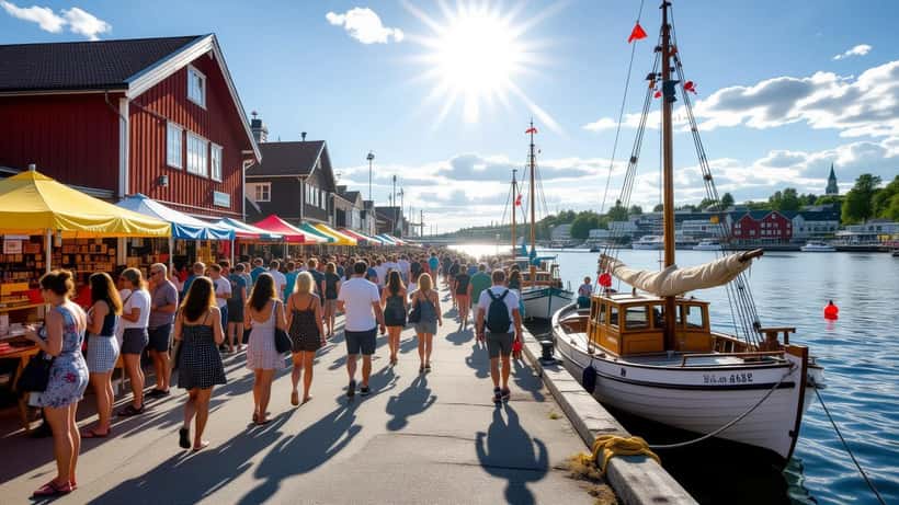 Väkijoukko kesäisellä satama-alueella Kotkan Meripäivillä, aurinkoisena heinäkuun päivänä