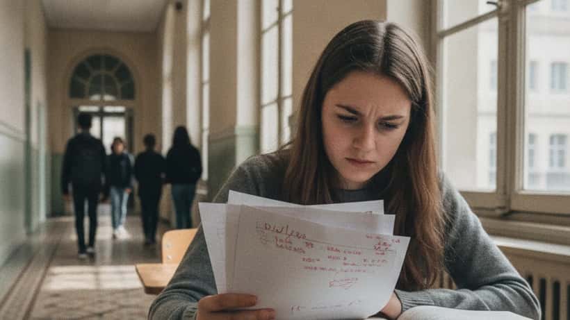 Lycéenne consultant sa copie du bac de français annotée en rouge