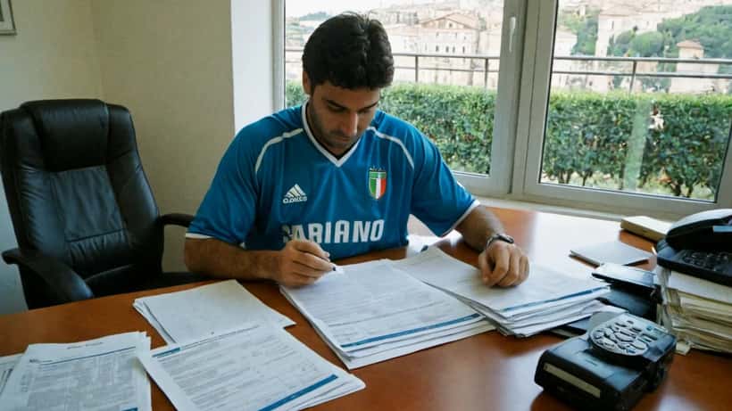 Avvocato che esamina un contratto sportivo con clausola di riscatto condizionale in un ufficio a Roma