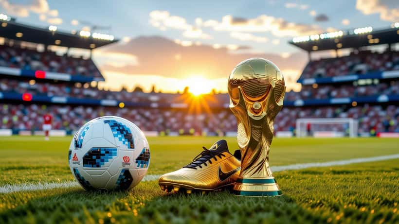 Golden football boot trophy on a World Cup 2026 stadium pitch
