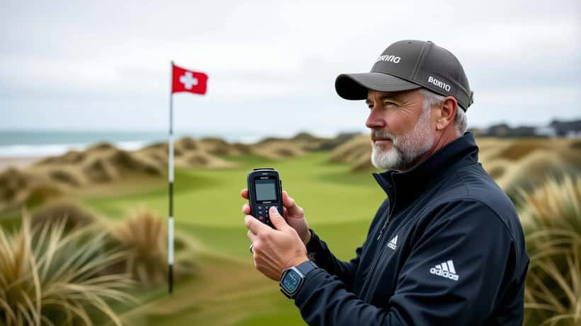 Amateur golfer using a laser rangefinder on a windswept links course during The Open 2026