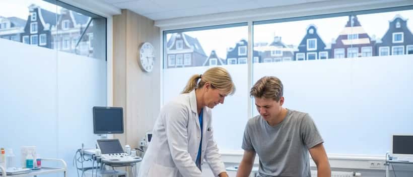 Nederlandse sportarts onderzoekt knie van jonge atleet in moderne sportmedische kliniek in Amsterdam