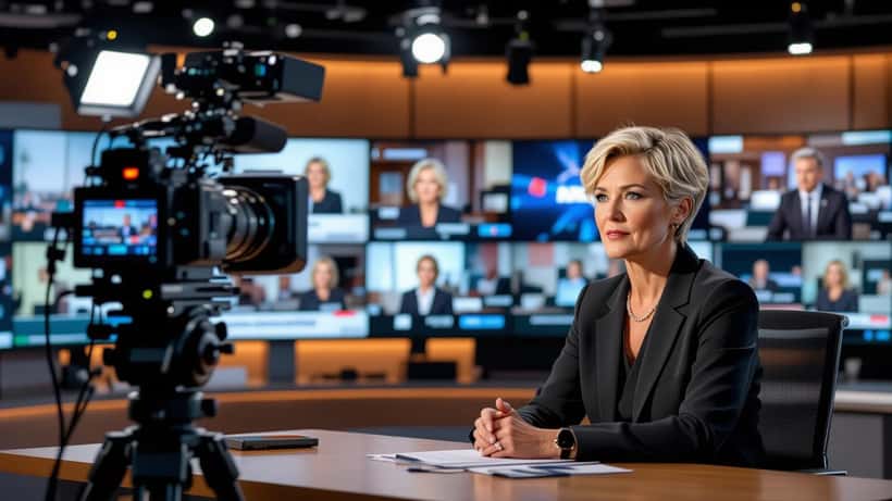 Naistoimittaja istuu tv-uutisstudion pöydän takana Helsingissä syövästä toipumisen jälkeen