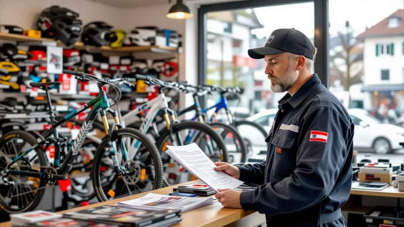 Österreichischer Fahrradhändler hält Insolvenz-Dokument in einem Wiener E-Bike-Geschäft, umgeben von Elektrorädern