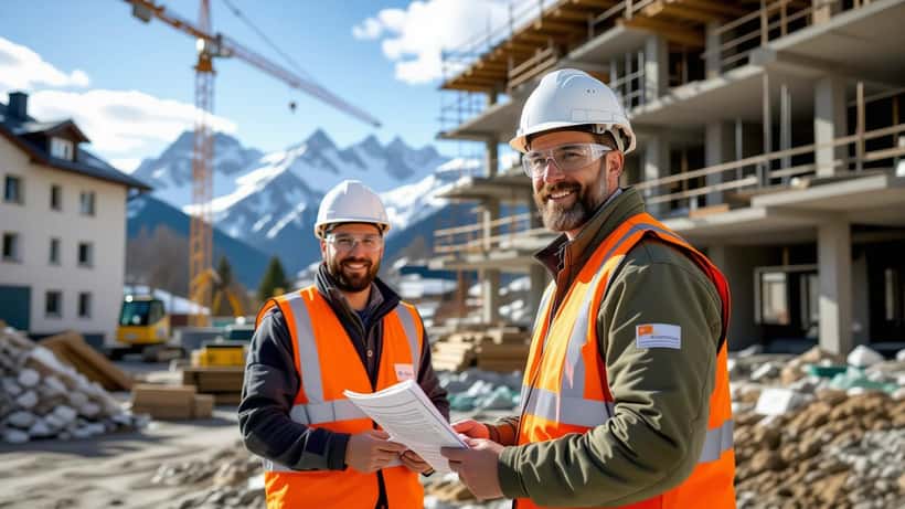 Chantier de rénovation parasismique d'un bâtiment scolaire à Berne, ingénieur examinant des ancrages en béton armé avec échafaudages