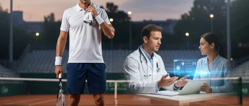 Joueur de tennis sur un court avec en arrière-plan une consultation médicale