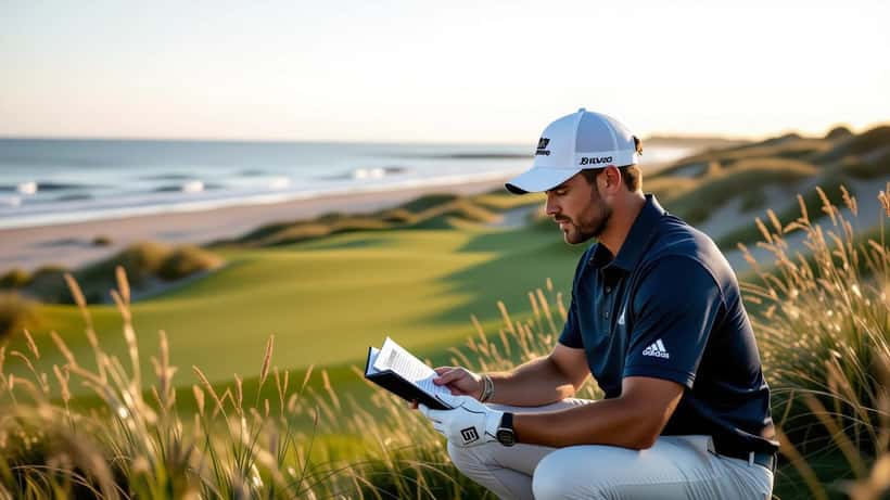 Golfista joven leyendo el green en un campo de golf costero al atardecer