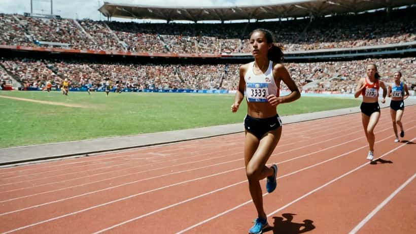 Female distance runner competing on an athletics track at a Sydney stadium