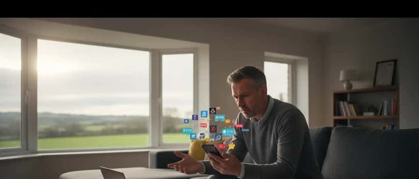 British man looking concerned at gambling app on phone, considering legal options