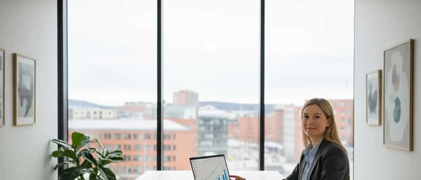 Norsk finansrådgiver i moderne Oslo-kontor som analyserer investeringsgrafer på laptop