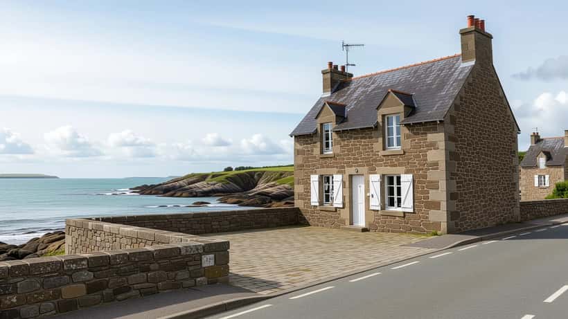 Propriétaire sur le littoral breton examinant une dune érodée en Finistère avec sa maison en arrière-plan