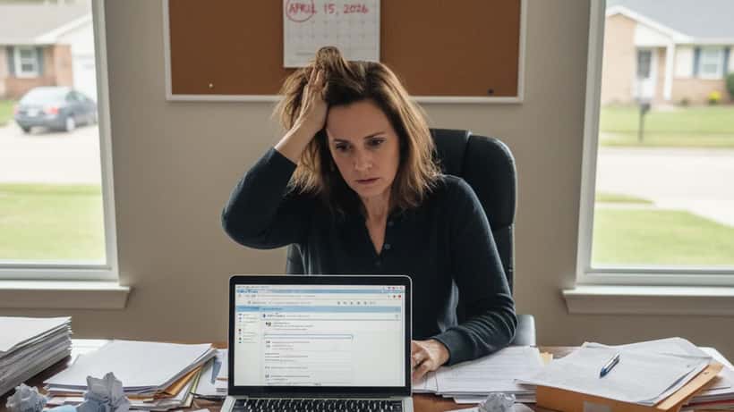 American woman reviewing IRS tax forms at home desk on April 15 deadline day