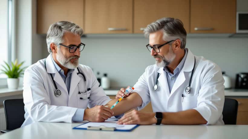 Arzt verabreicht Grippeimpfung an älteren Patienten in Hausarztpraxis Herbst 2026