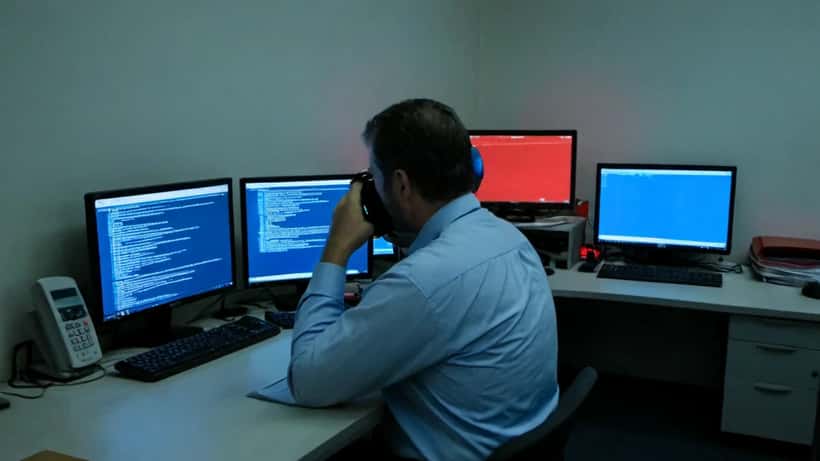 IT security professional monitoring cybersecurity breach alerts on dual monitors in a UK office at night