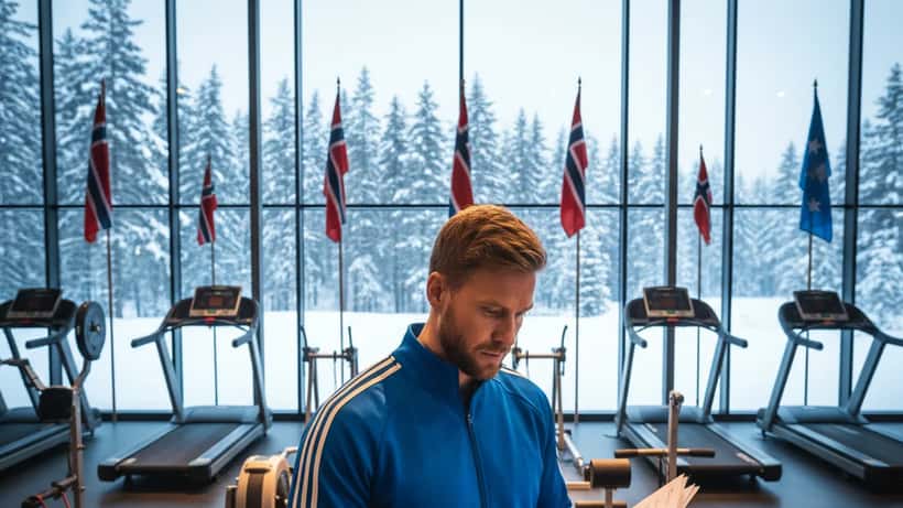 Norsk idrettsutøver i treningsdrakt studerer juridiske dokumenter i treningsfasiliteter i Oslo med snødekt skog i bakgrunnen